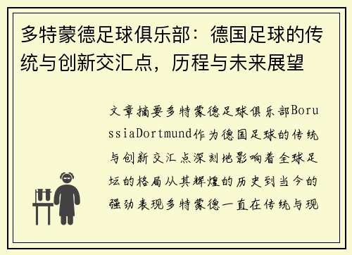 多特蒙德足球俱乐部：德国足球的传统与创新交汇点，历程与未来展望