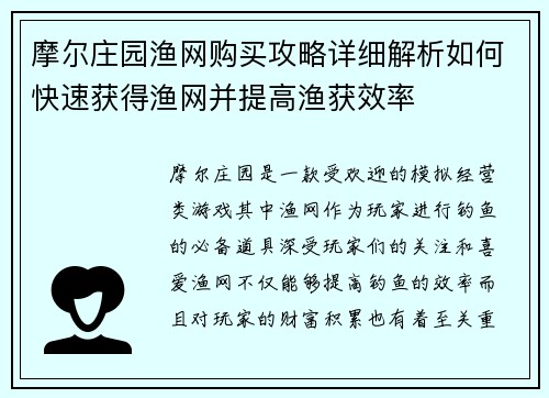 摩尔庄园渔网购买攻略详细解析如何快速获得渔网并提高渔获效率